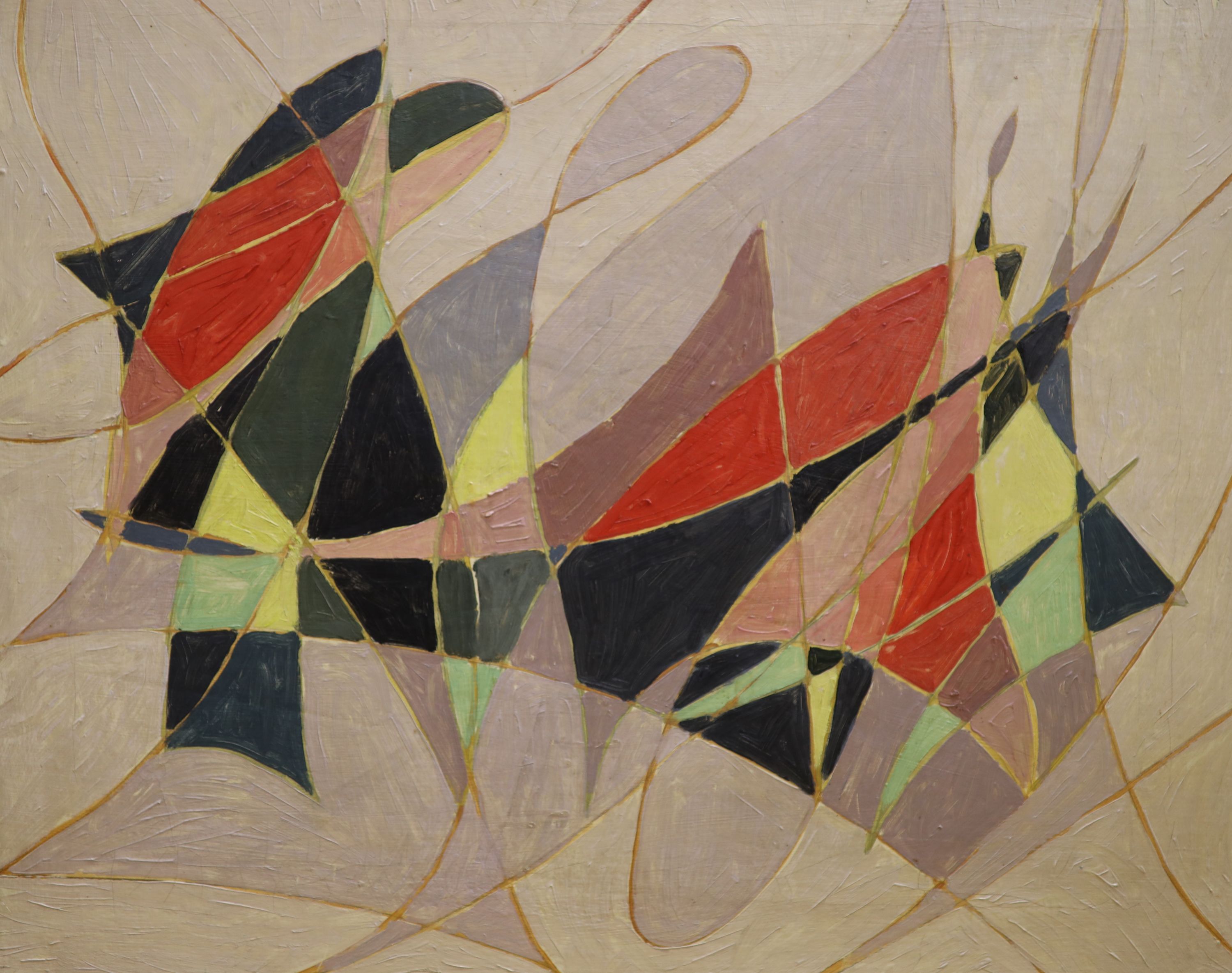 Elizabeth Goudge (1923-2020, nee Miss Elizabeth Harvey) oil on canvas, Abstract, label remnant verso, 50 x 60cm